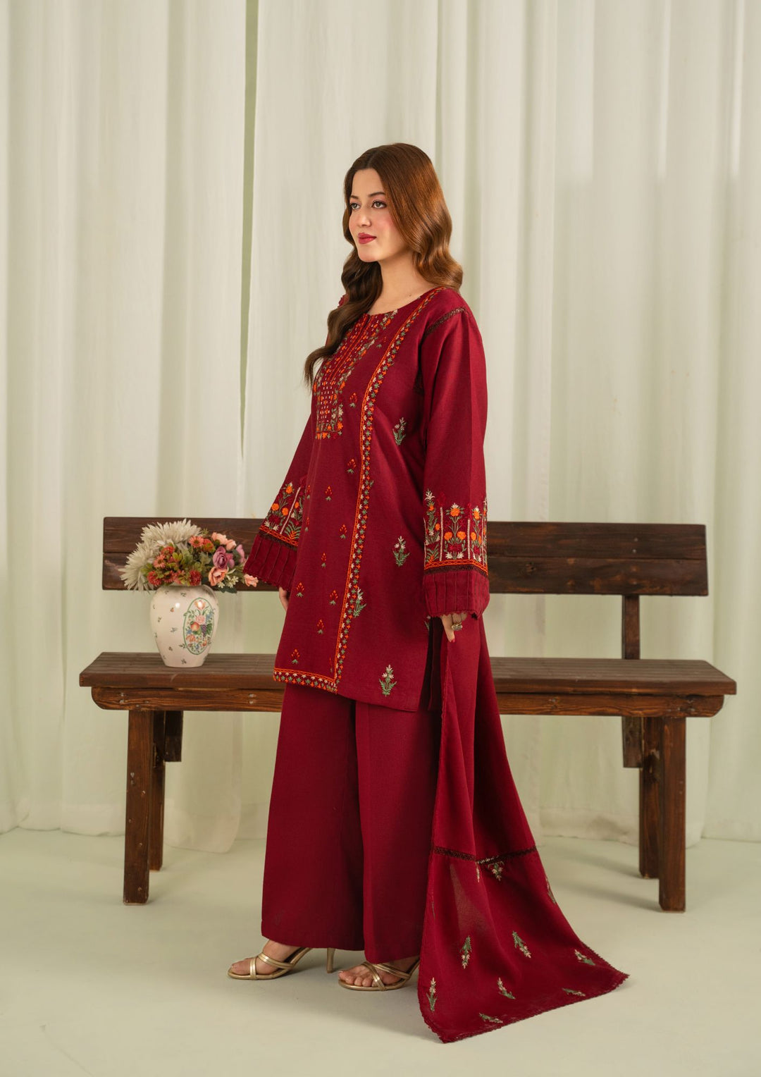 3Pc Karandi Embroidered with Karandi Shawl Maroon AFP-A25-0012