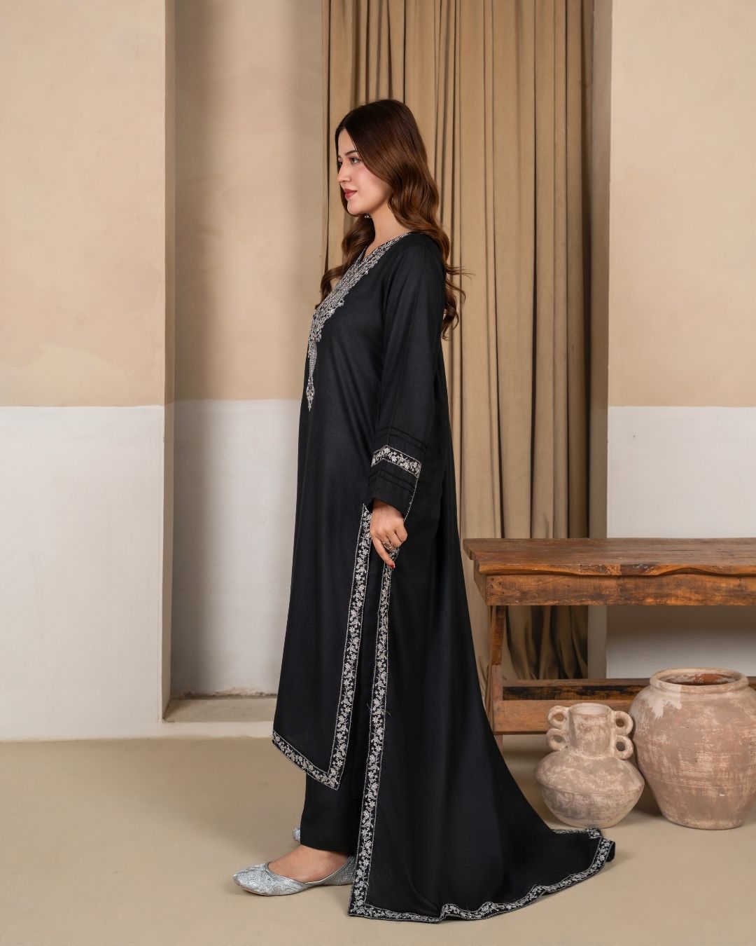 3pc Embroidered Alpine Karandi with Embroidered Border Shawl Black AML-W25-0100
