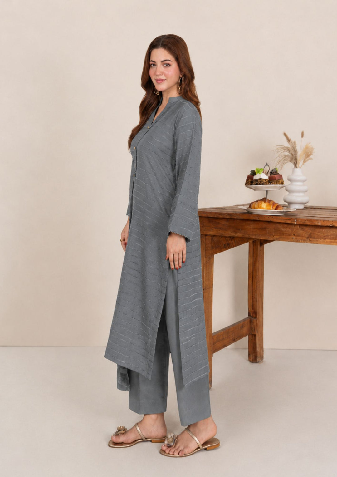 3pc Alpine Velvet Shirt with Velvet Border Shawl and Plain Trouser Grey AML-W26-0001