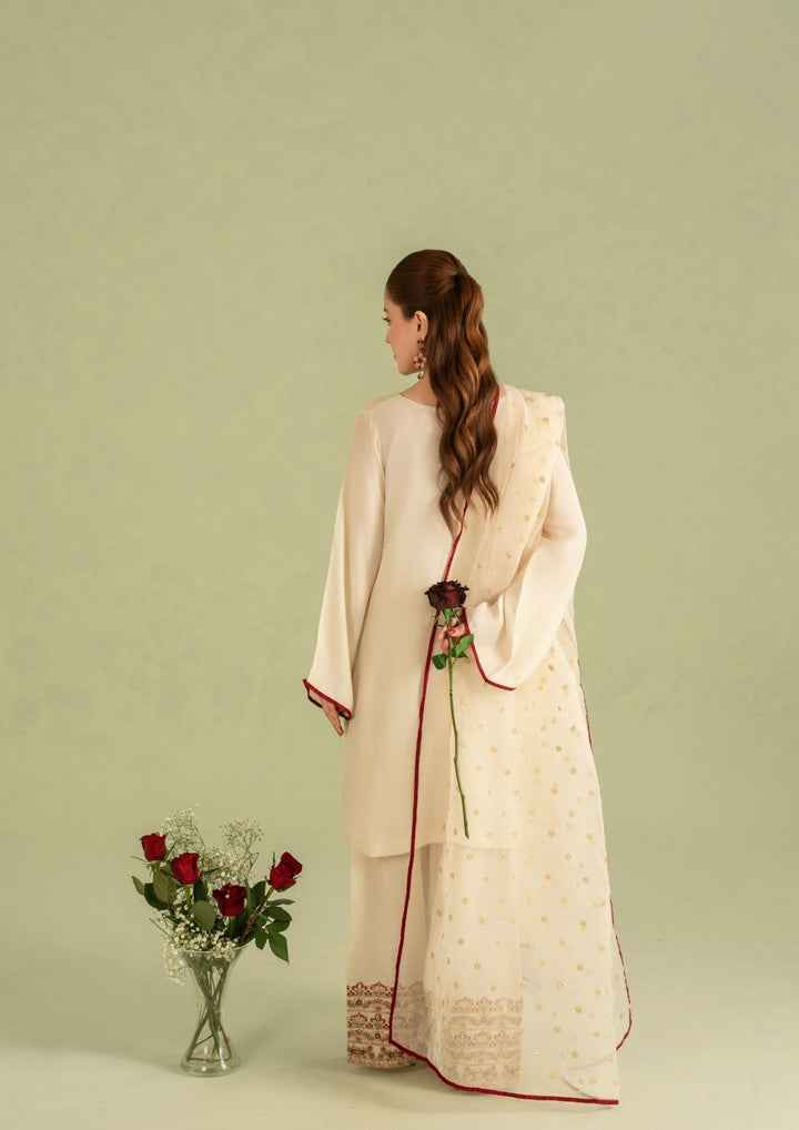 3Pc Embroidered Raw Silk with Organza Dupatta Cream | LUXE-L25-0001
