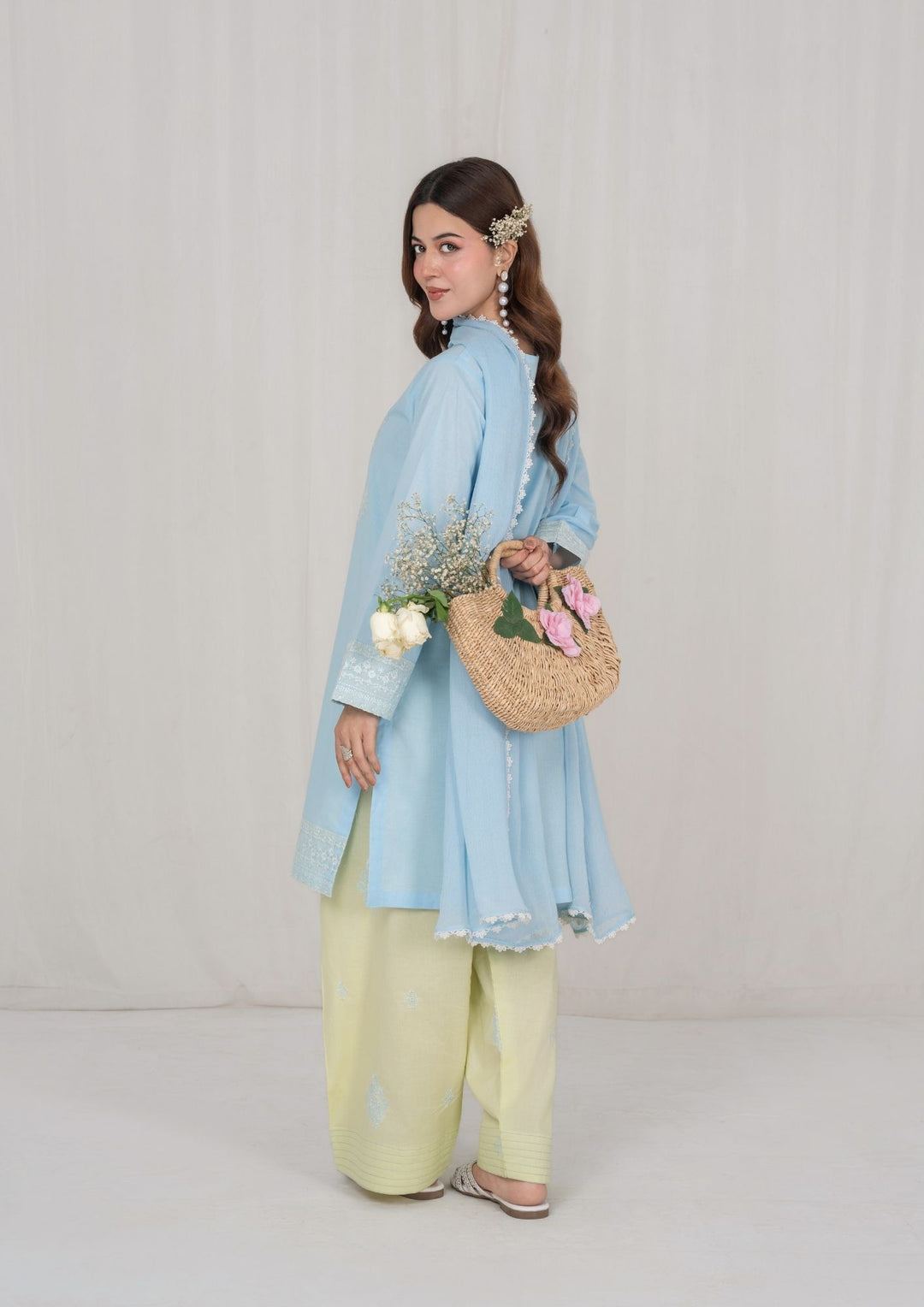 3Pc Ice Blue Embroidered Lawn with Chiffon Dupatta RIW-R26-0006