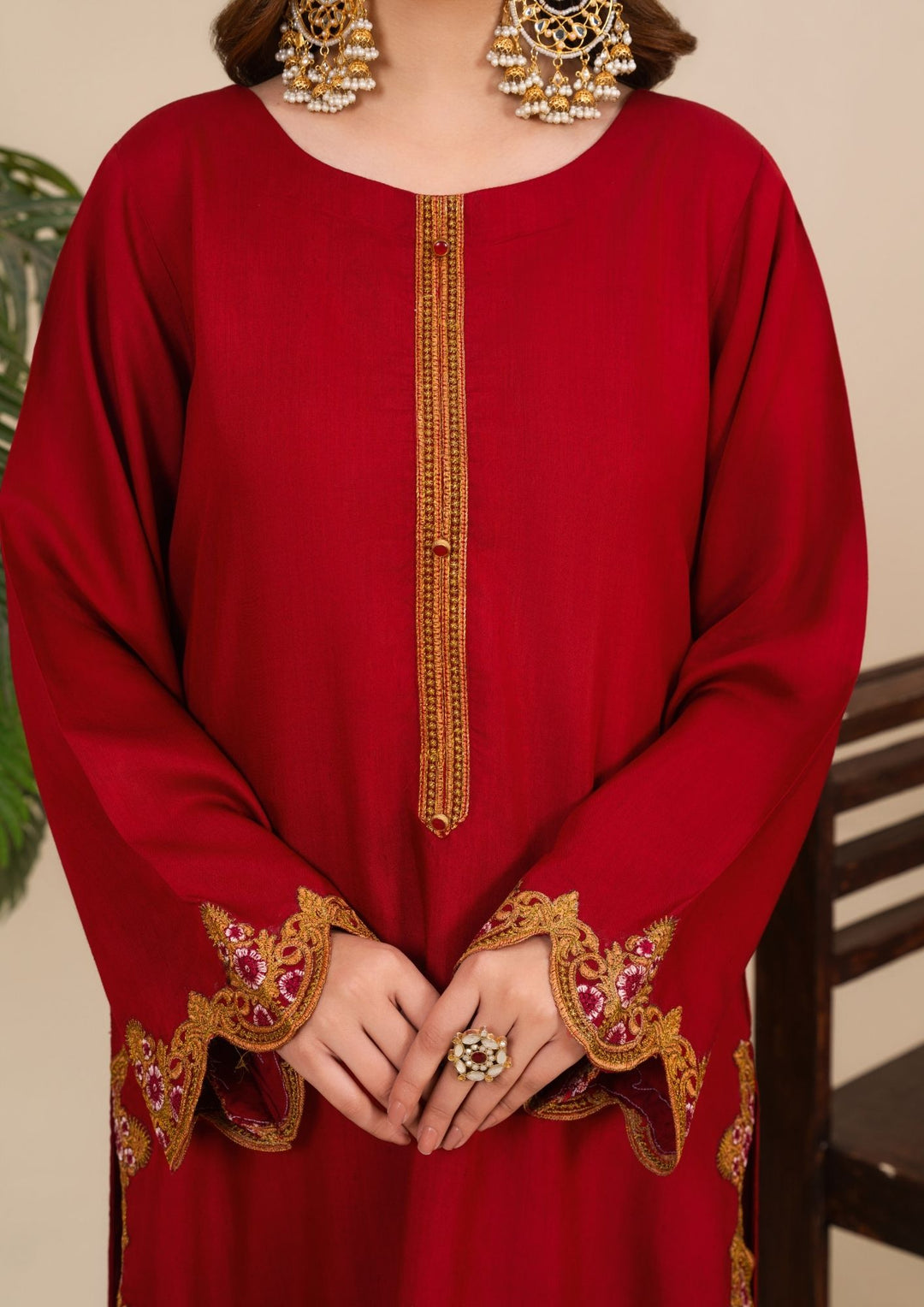 3Pc Embroidered Silk Viscose with Shalwar Red JASHAN-J26-0020