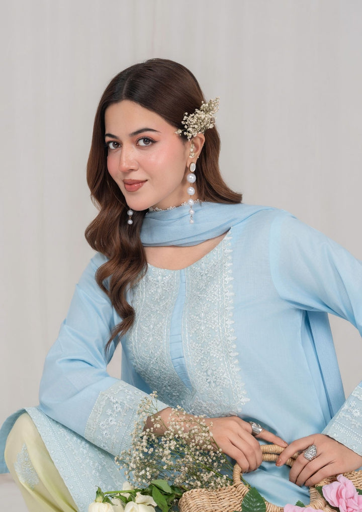 3Pc Ice Blue Embroidered Lawn with Chiffon Dupatta RIW-R26-0006