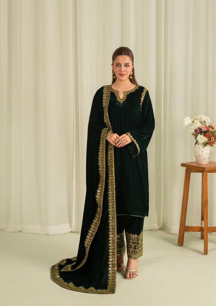 3Pc Embroidered Velvet with Velvet Shawl Bottle Green | LUXE-L25-0003