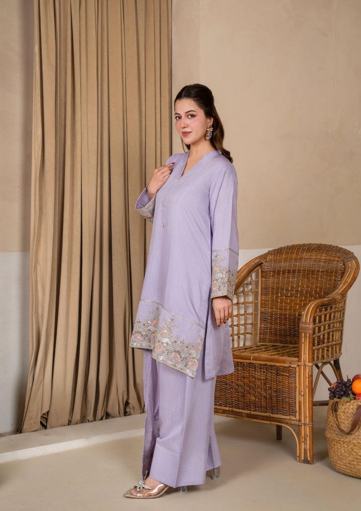 3Pc Embroidered Silk Viscose with Farshi Shalwar Lilac JASHAN-J26-0006