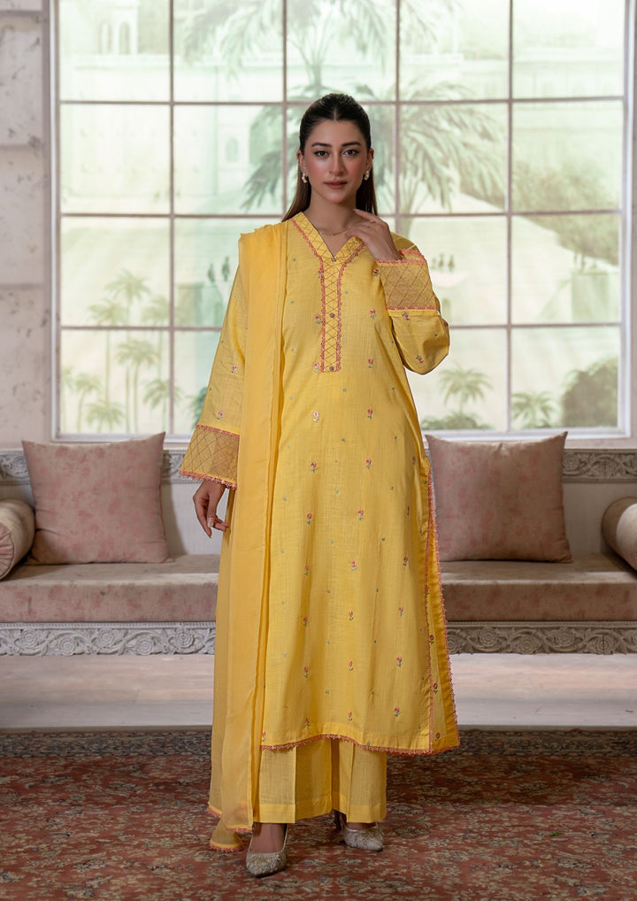 3Pc Multi Embroidered Lawn with Chiffon Dupatta Butter Yellow RIW-R26-0038