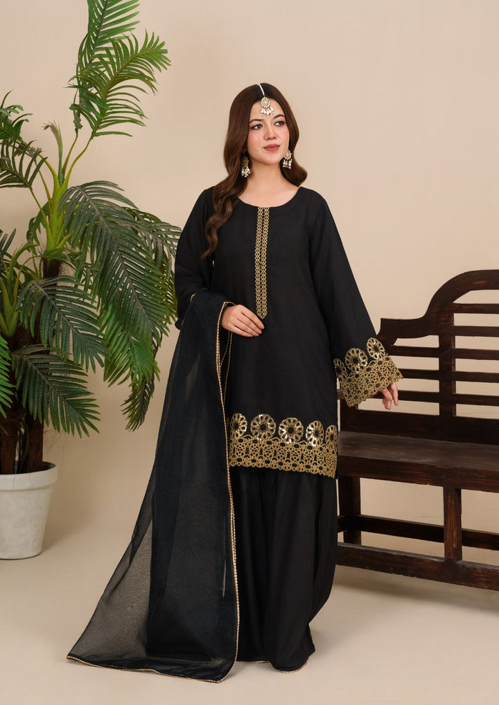 3Pc  Silk Viscose Suit with Organza Dupatta & Gharara Black JASHAN-J26-0019
