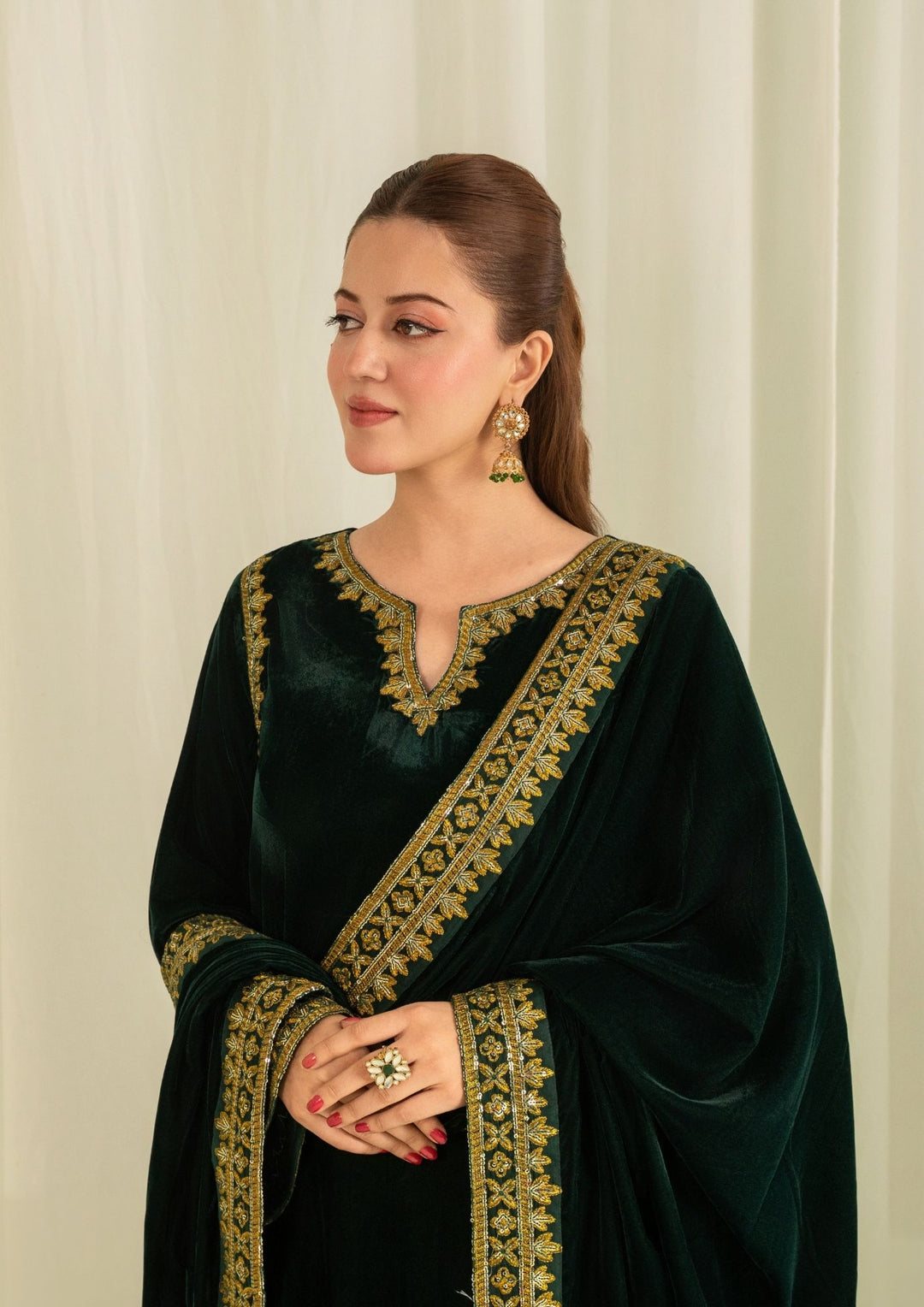 3Pc Embroidered Velvet with Velvet Shawl Bottle Green | LUXE-L25-0003