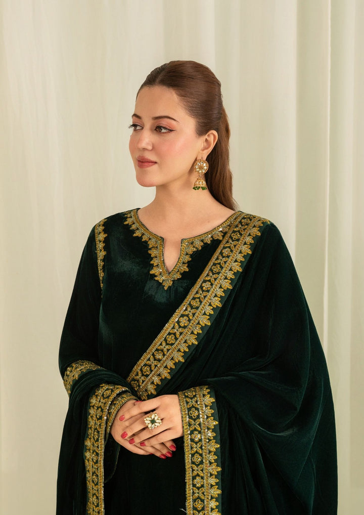3Pc Embroidered Velvet with Velvet Shawl Bottle Green | LUXE-L25-0003