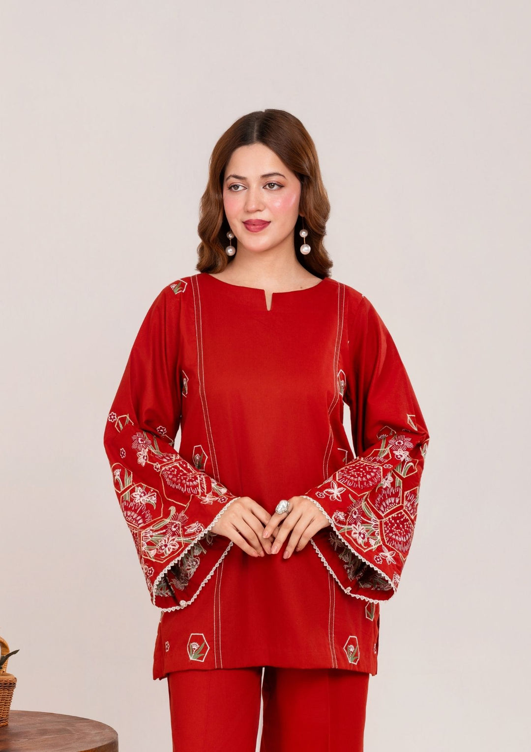 2Pc Embroidered Cambric Deep Rust JUPITER-F25-0030