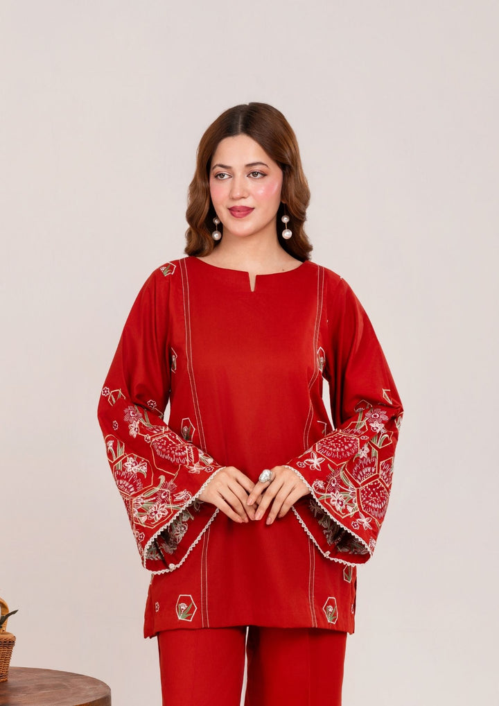 2Pc Embroidered Cambric Deep Rust JUPITER-F25-0030