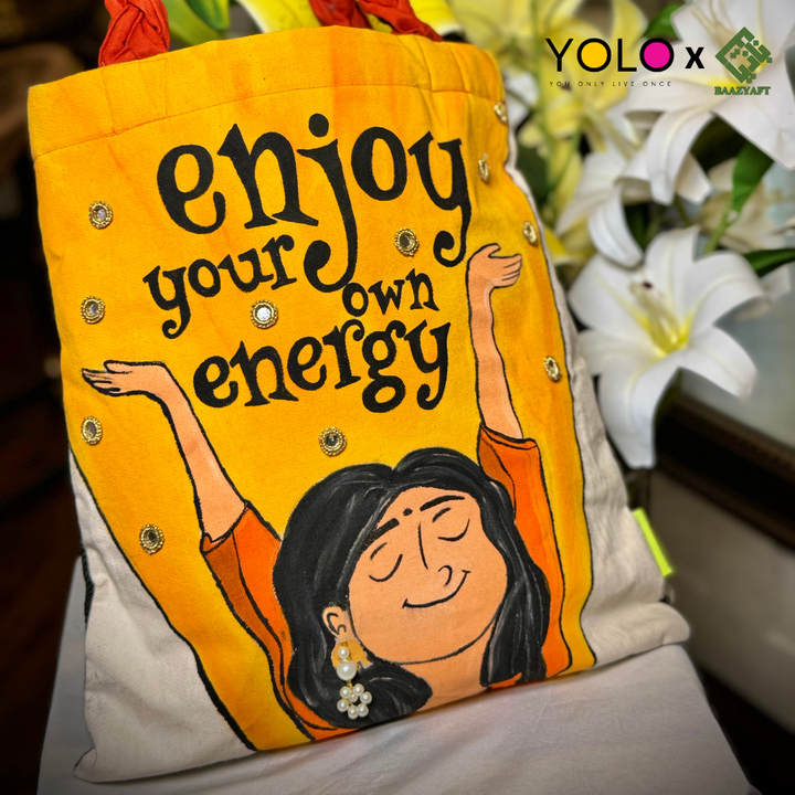 HANDCRAFTED AND HANDPAINTED TOTE BAG WITH BRAIDED STRAP BAZ-B25-0011