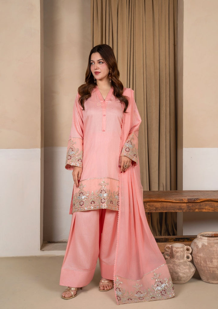 3Pc Embroidered Silk Viscose with Farshi Shalwar Peach JASHAN-J26-0007