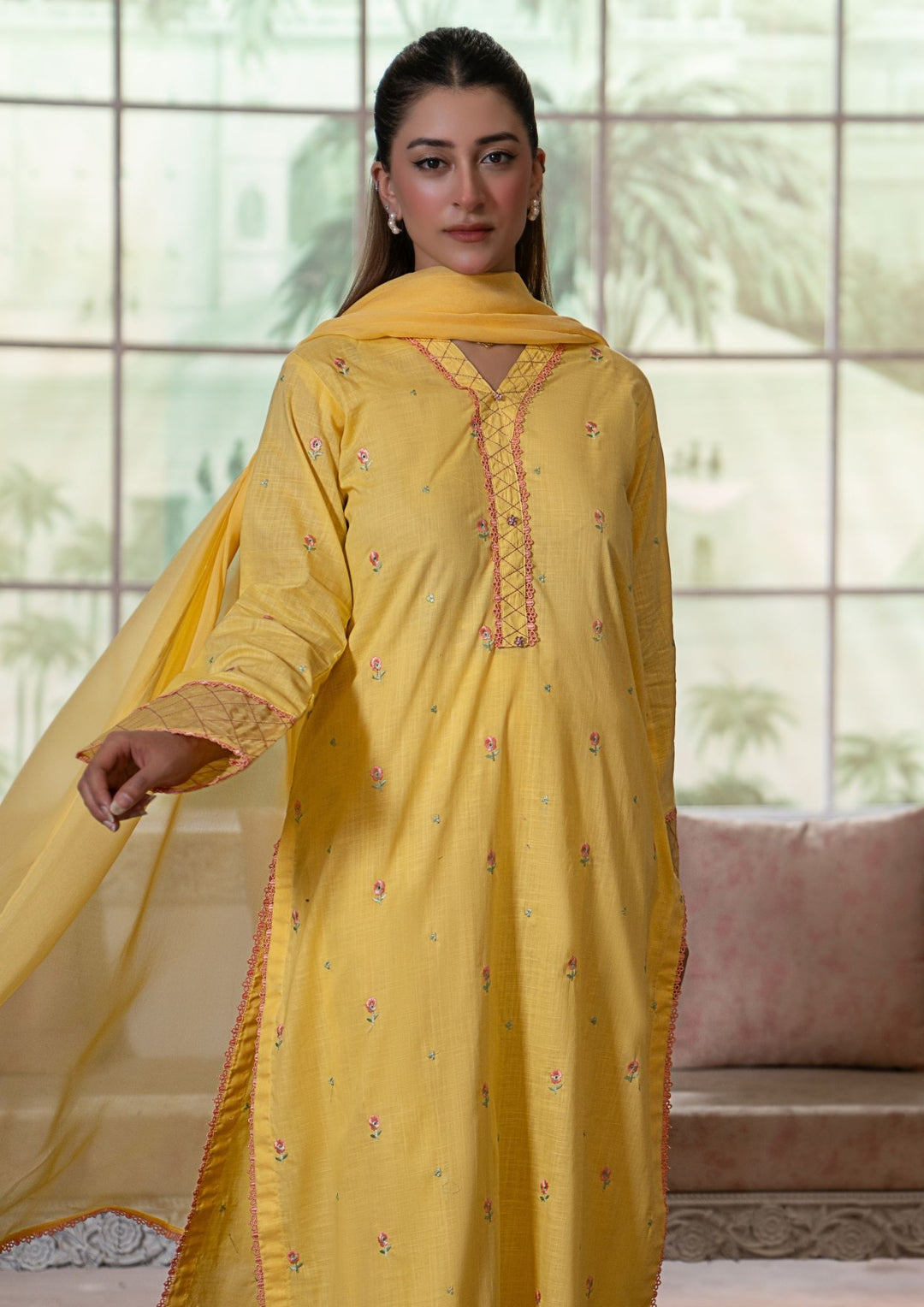 3Pc Multi Embroidered Lawn with Chiffon Dupatta Butter Yellow RIW-R26-0038