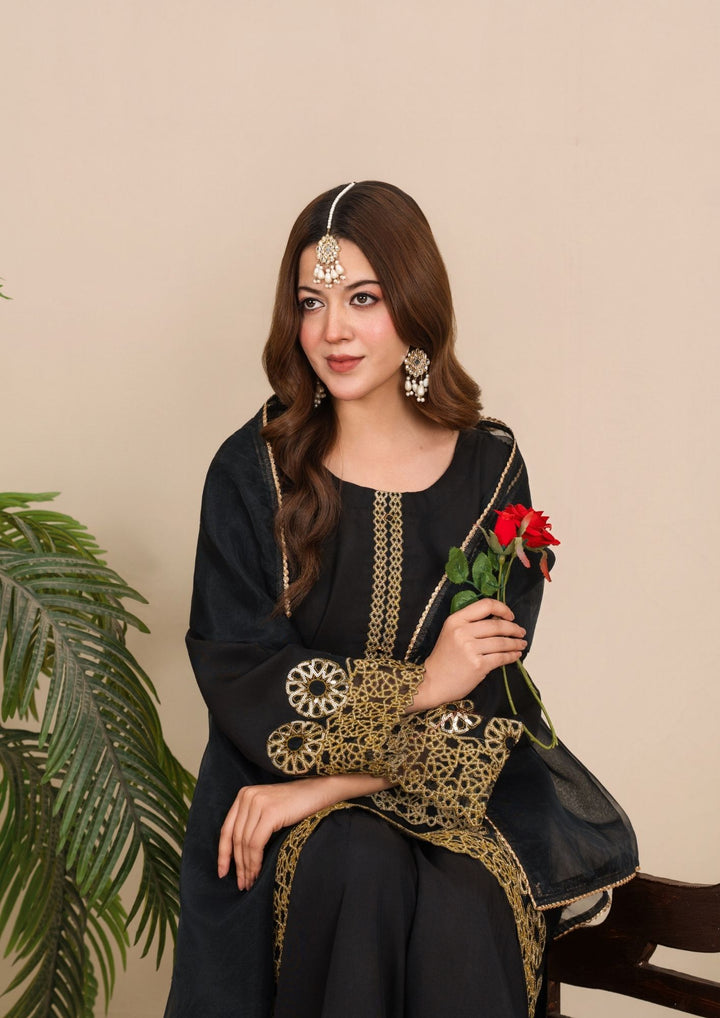 3Pc  Silk Viscose Suit with Organza Dupatta & Gharara Black JASHAN-J26-0019