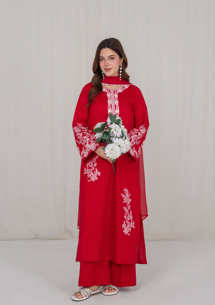 3Pc Red Embroidered Lawn with Chiffon Dupatta RIW-R26-0007