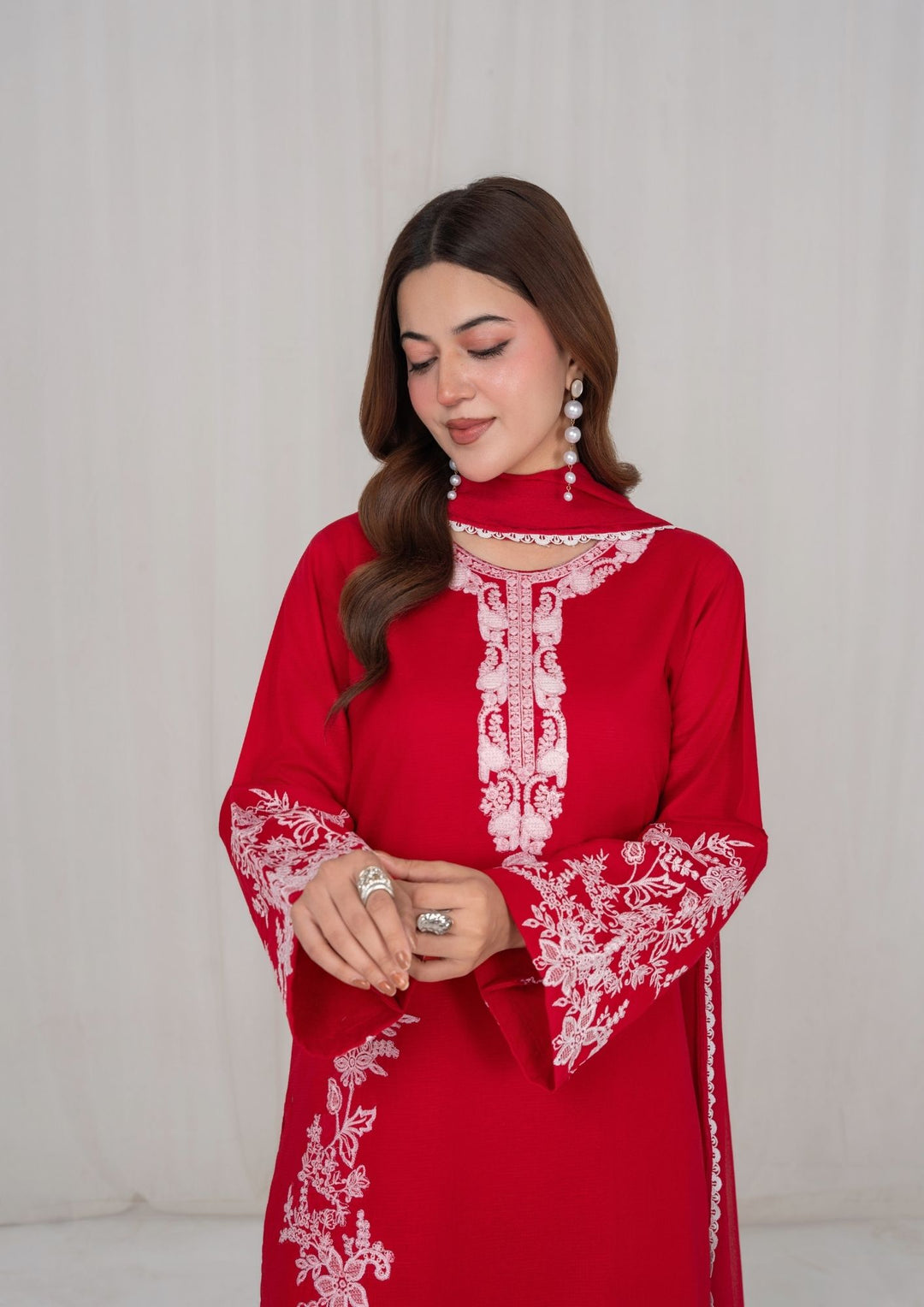 3Pc Red Embroidered Lawn with Chiffon Dupatta RIW-R26-0007