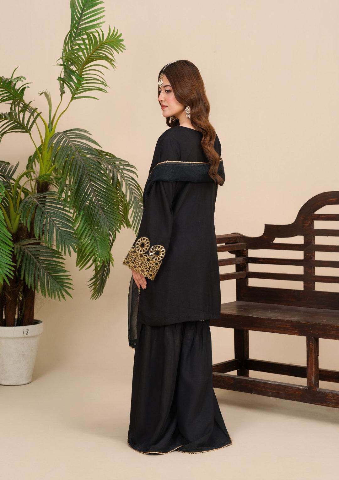 3Pc  Silk Viscose Suit with Organza Dupatta & Gharara Black JASHAN-J26-0019