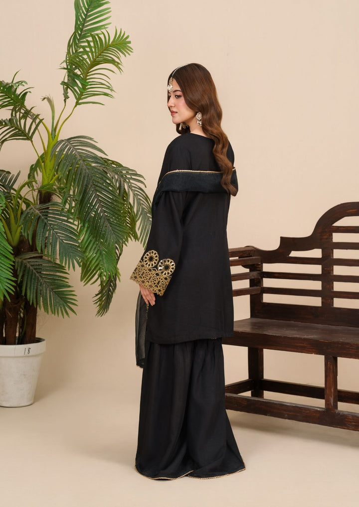 3Pc  Silk Viscose Suit with Organza Dupatta & Gharara Black JASHAN-J26-0019