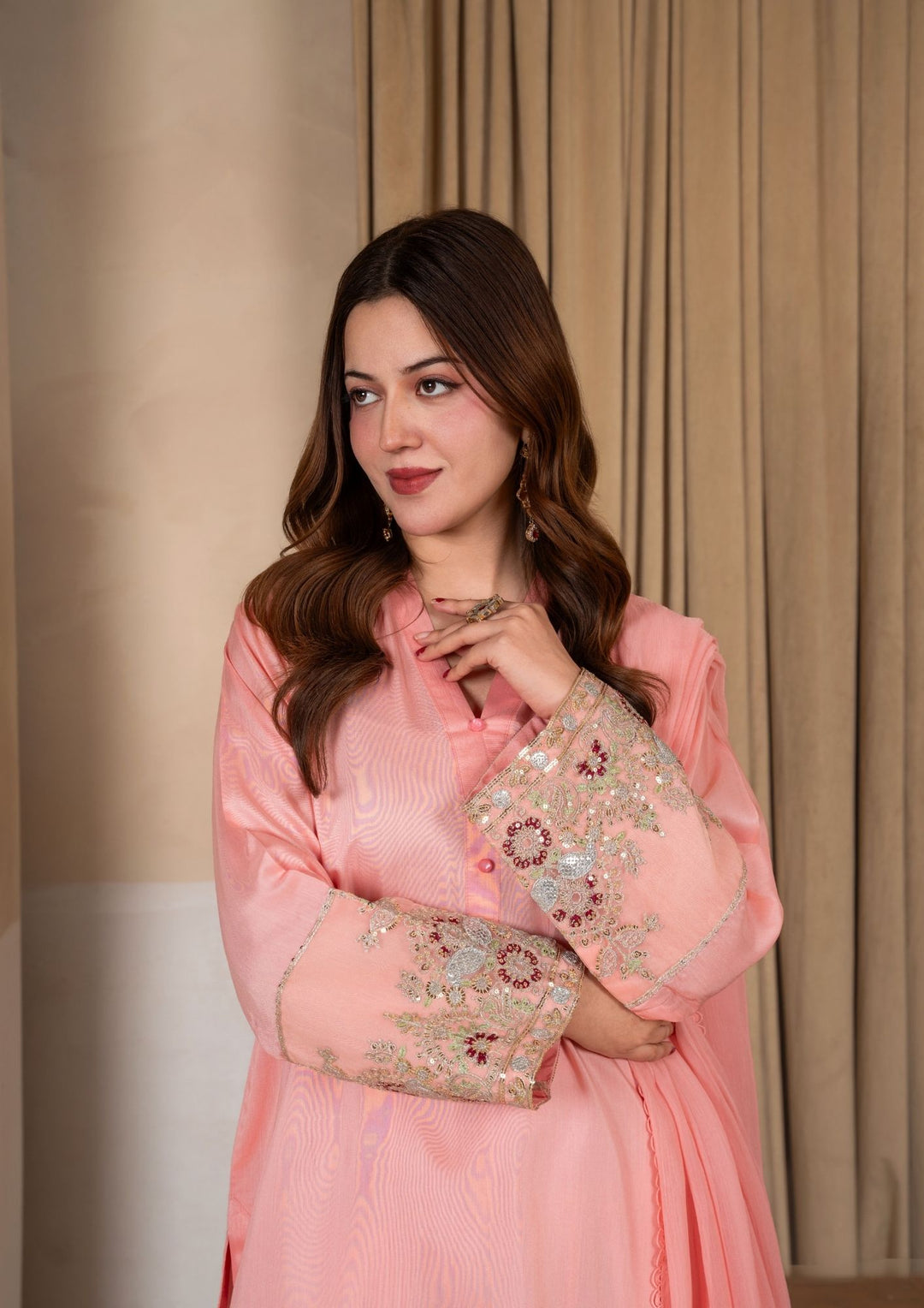 3Pc Embroidered Silk Viscose with Farshi Shalwar Peach JASHAN-J26-0007