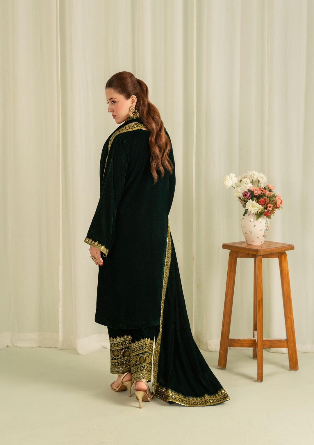 3Pc Embroidered Velvet with Velvet Shawl Bottle Green | LUXE-L25-0003