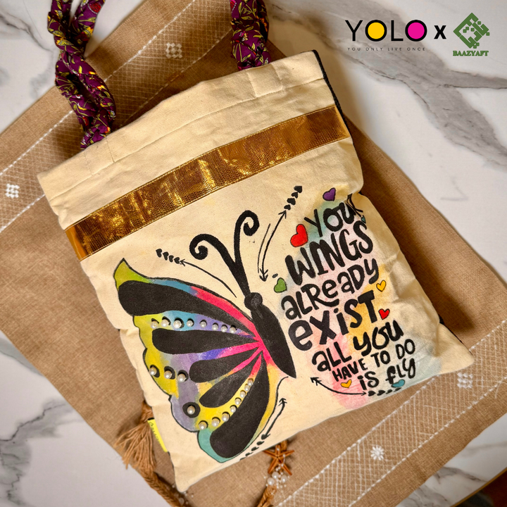 HANDCRAFTED AND HANDPAINTED TOTE BAG WITH BRAIDED STRAP BAZ-B25-0012