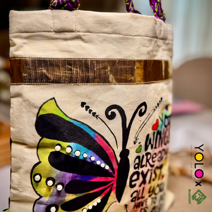 HANDCRAFTED AND HANDPAINTED TOTE BAG WITH BRAIDED STRAP BAZ-B25-0012