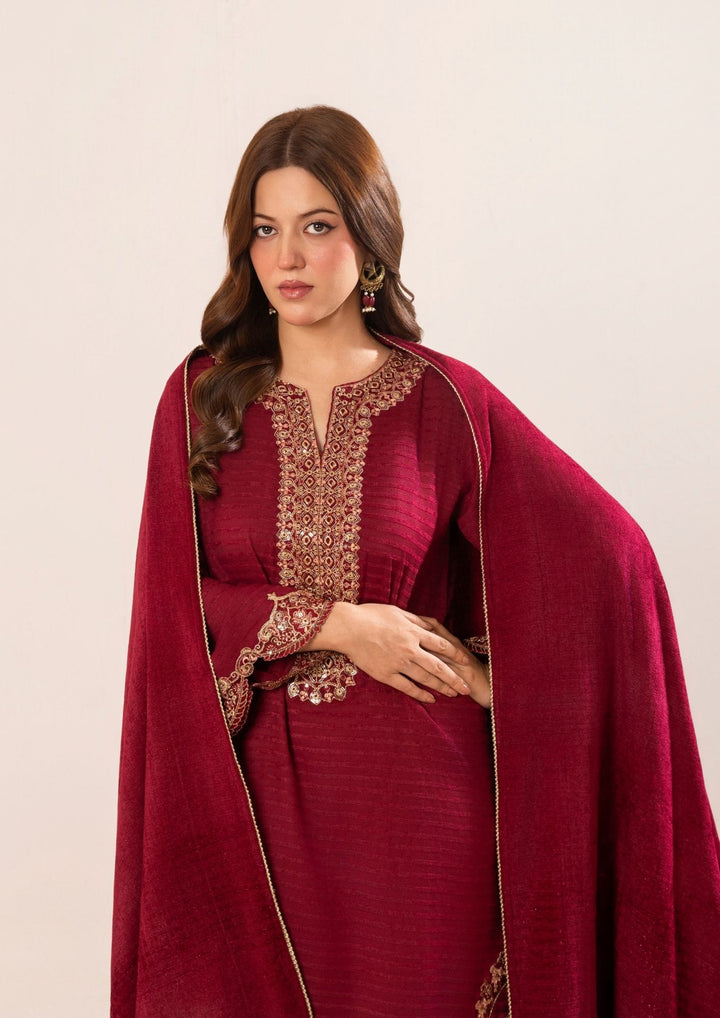 3Pc Alpine Velvet Tilla Embroidered with Velvet Shawl Maroon AFP-A25-0003
