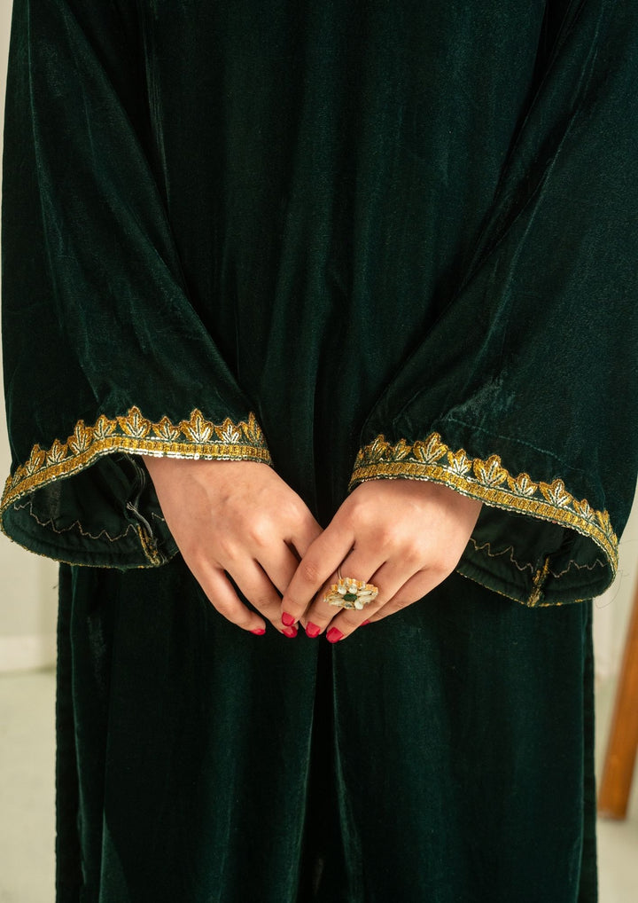 3Pc Embroidered Velvet with Velvet Shawl Bottle Green | LUXE-L25-0003