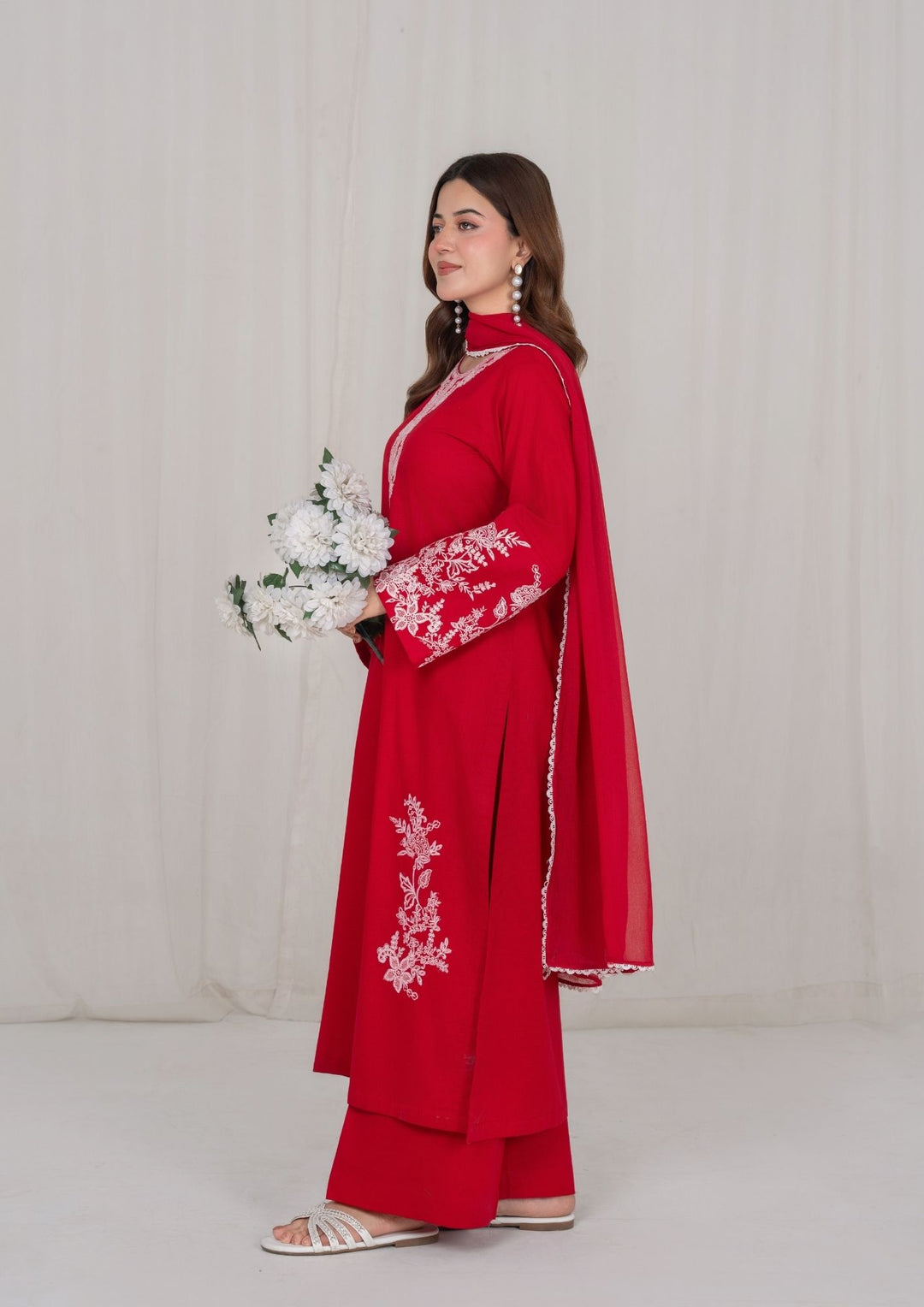 3Pc Red Embroidered Lawn with Chiffon Dupatta RIW-R26-0007