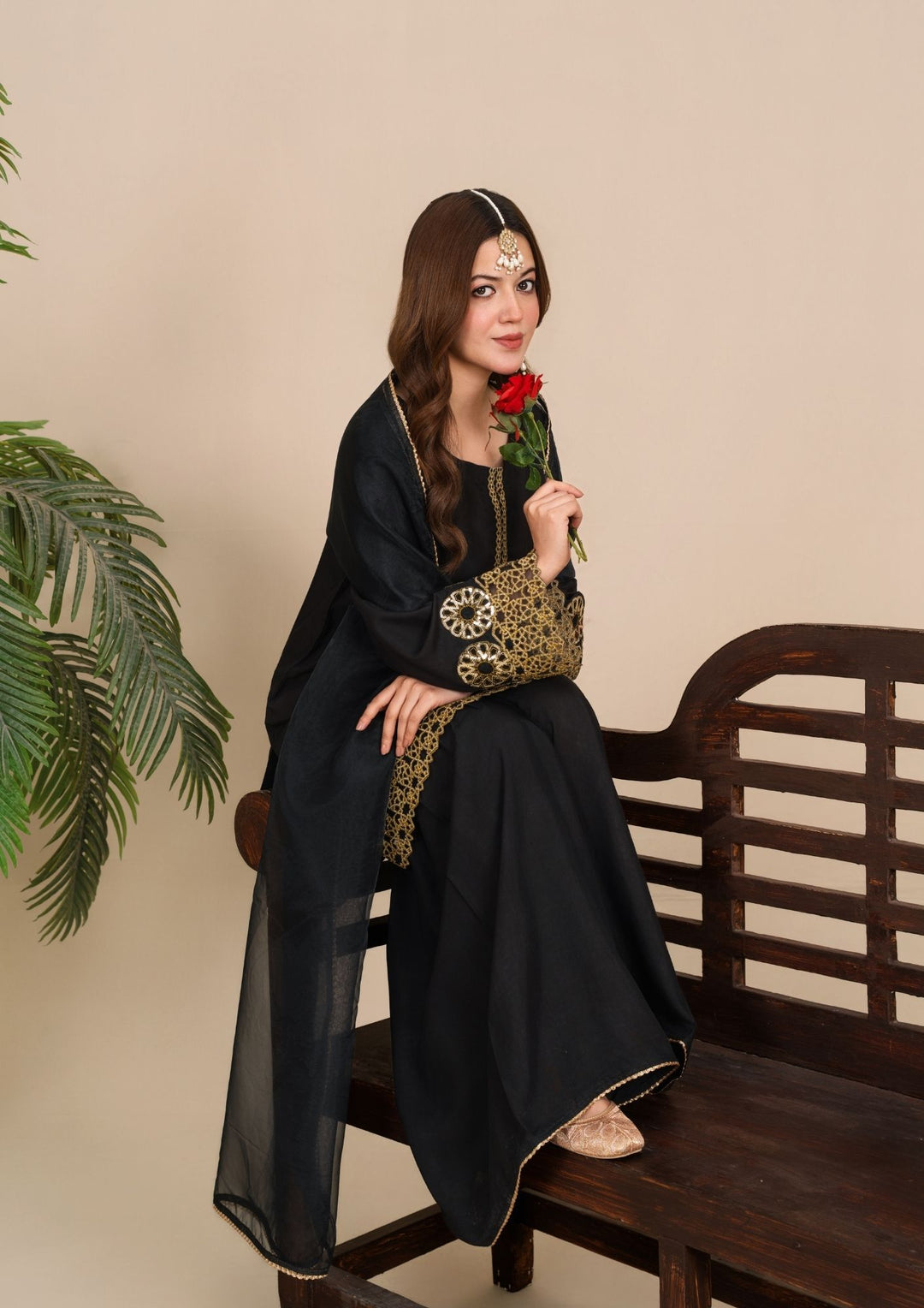 3Pc  Silk Viscose Suit with Organza Dupatta & Gharara Black JASHAN-J26-0019