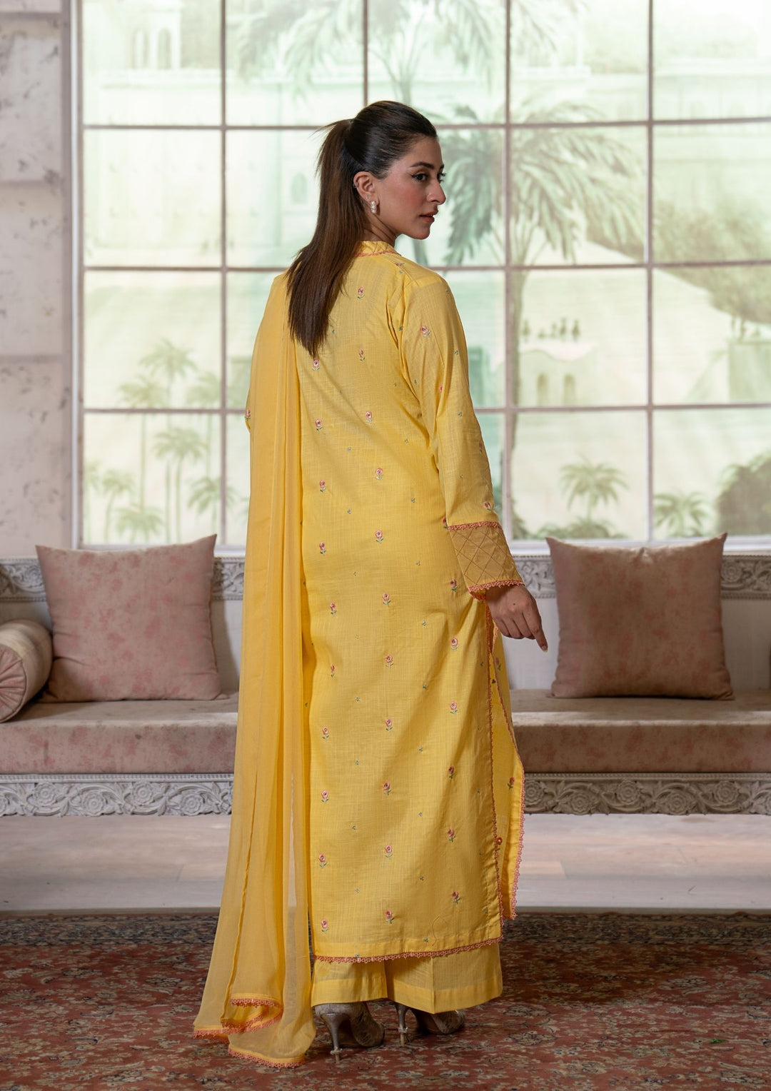 3Pc Multi Embroidered Lawn with Chiffon Dupatta Butter Yellow RIW-R26-0038