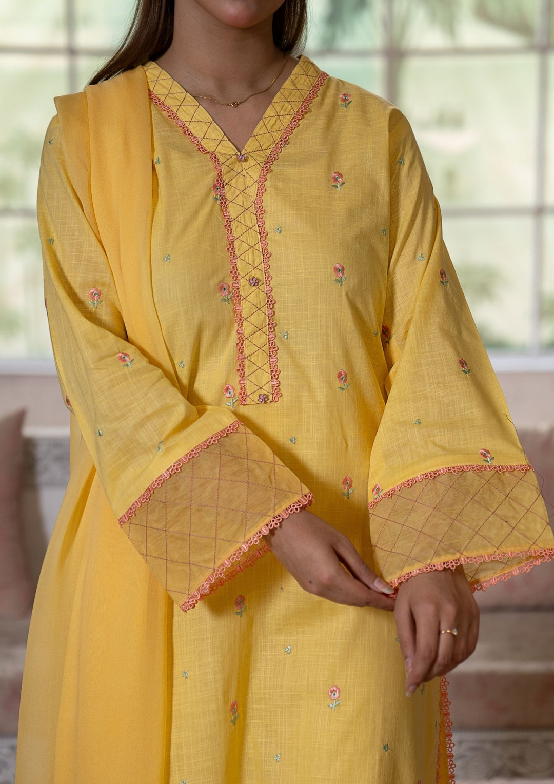 3Pc Multi Embroidered Lawn with Chiffon Dupatta Butter Yellow RIW-R26-0038