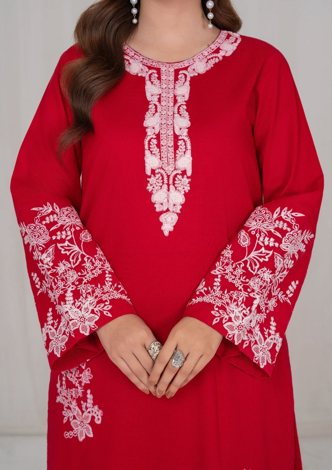 3Pc Red Embroidered Lawn with Chiffon Dupatta RIW-R26-0007