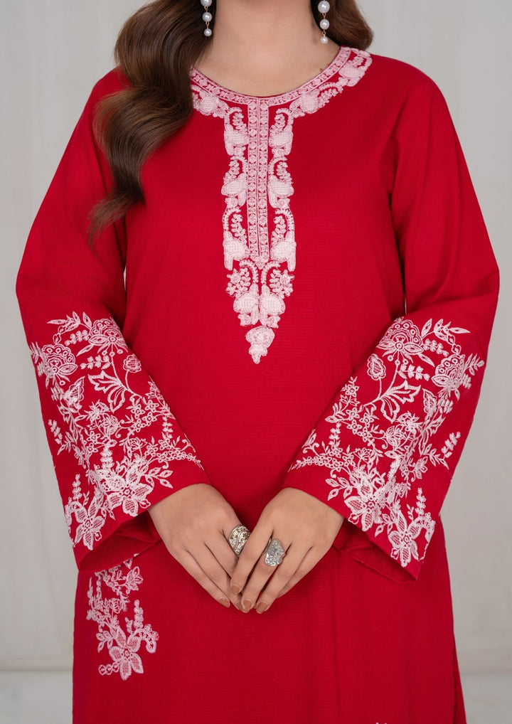 3Pc Red Embroidered Lawn with Chiffon Dupatta RIW-R26-0007