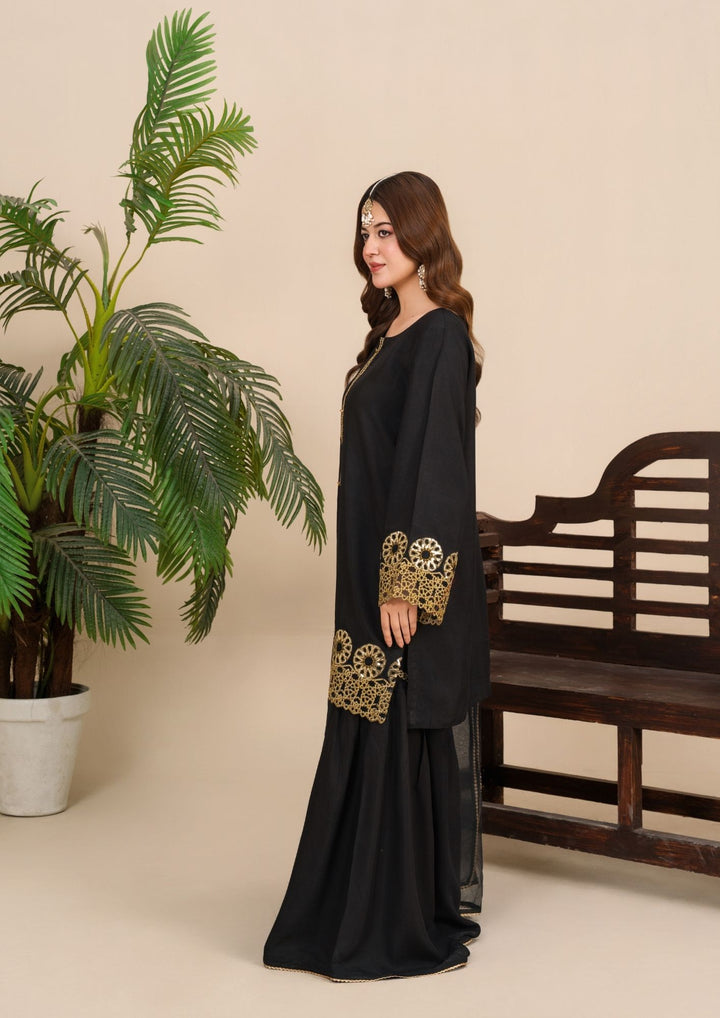 3Pc  Silk Viscose Suit with Organza Dupatta & Gharara Black JASHAN-J26-0019