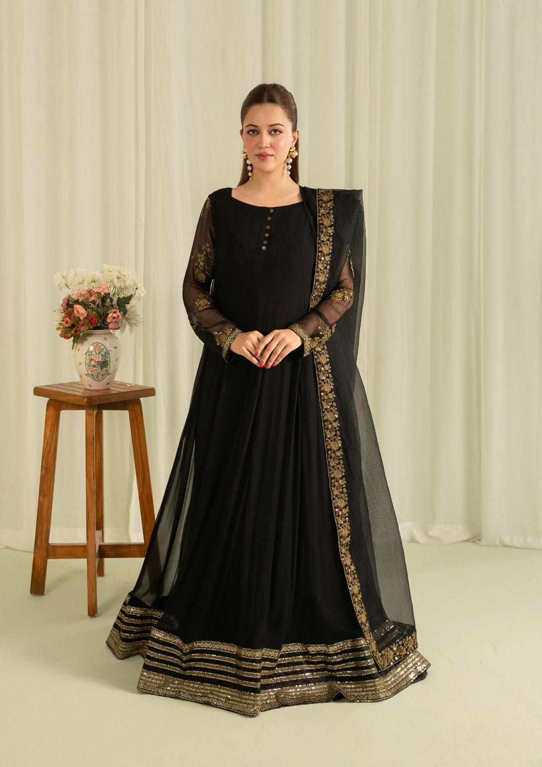 2Pc Embroidered Chiffon Frock with Net Dupatta Black | LUXE-L25-0005 YoloPret 2Pc Embroidered Chiffon Frock with Net Dupatta Black | LUXE-L25-0005 YoloPret