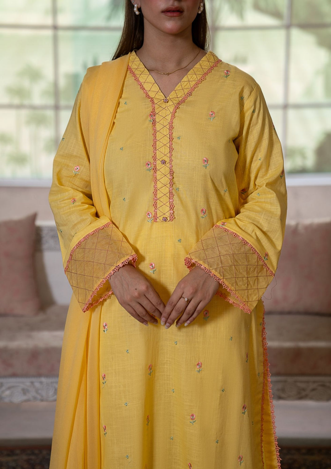 3Pc Multi Embroidered Lawn with Chiffon Dupatta Butter Yellow RIW-R26-0038