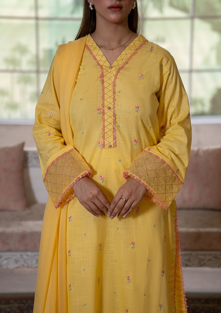 3Pc Multi Embroidered Lawn with Chiffon Dupatta Butter Yellow RIW-R26-0038