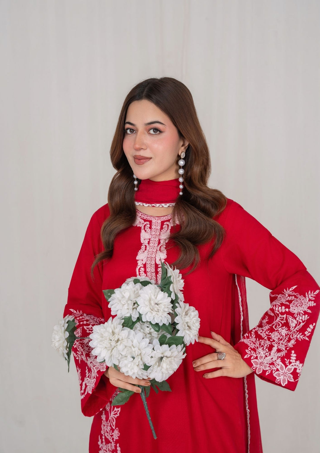 3Pc Red Embroidered Lawn with Chiffon Dupatta RIW-R26-0007