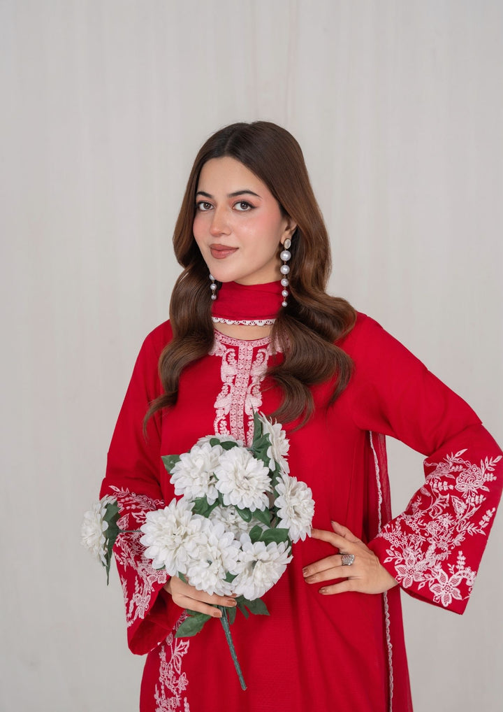 3Pc Red Embroidered Lawn with Chiffon Dupatta RIW-R26-0007