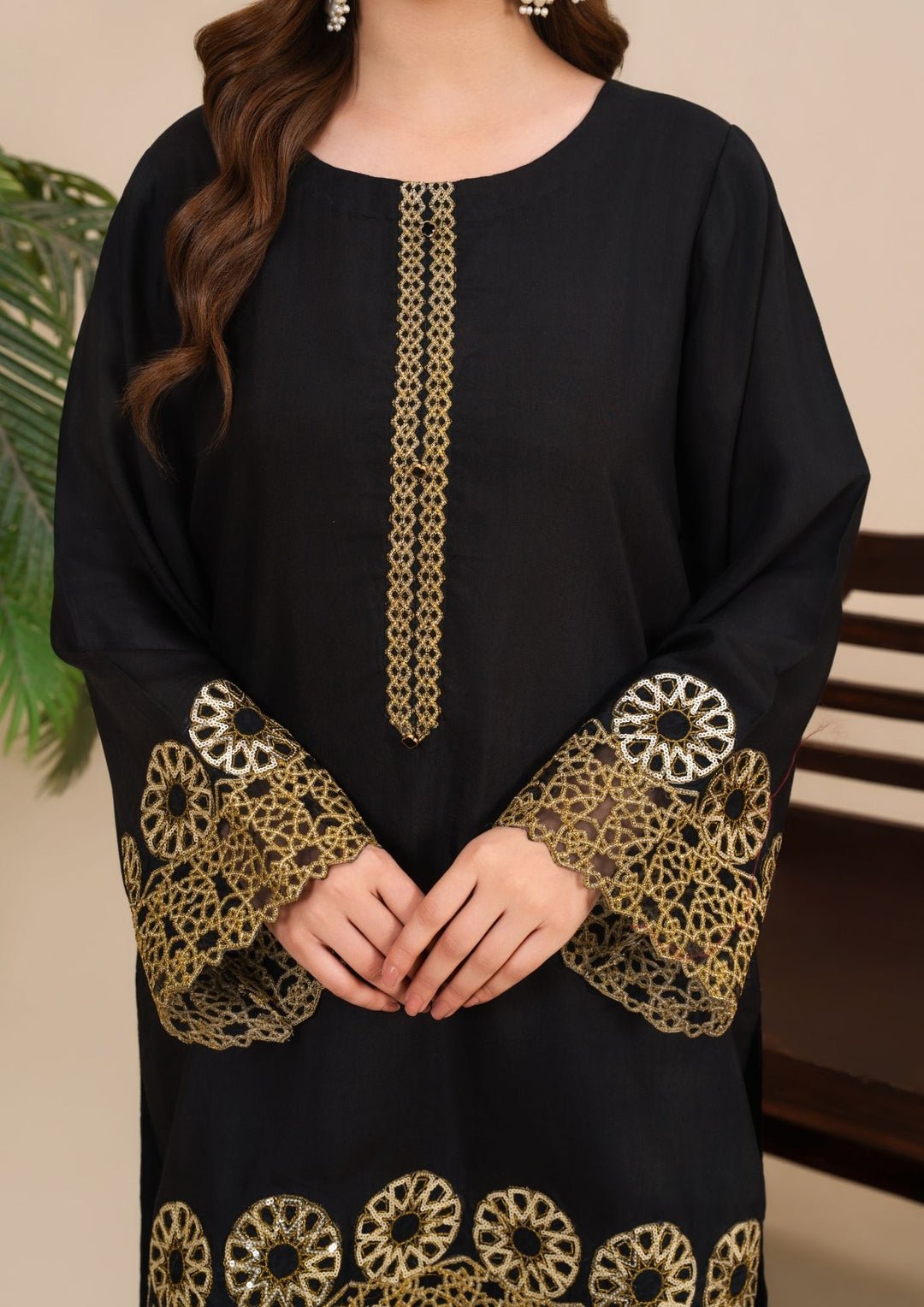 3Pc  Silk Viscose Suit with Organza Dupatta & Gharara Black JASHAN-J26-0019