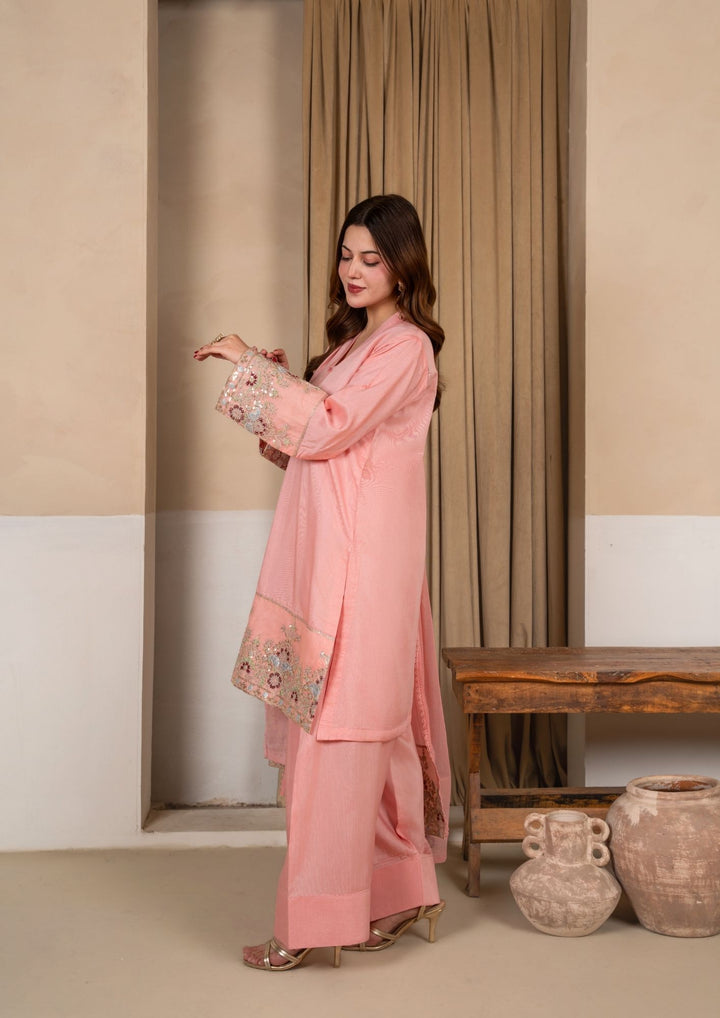 3Pc Embroidered Silk Viscose with Farshi Shalwar Peach JASHAN-J26-0007