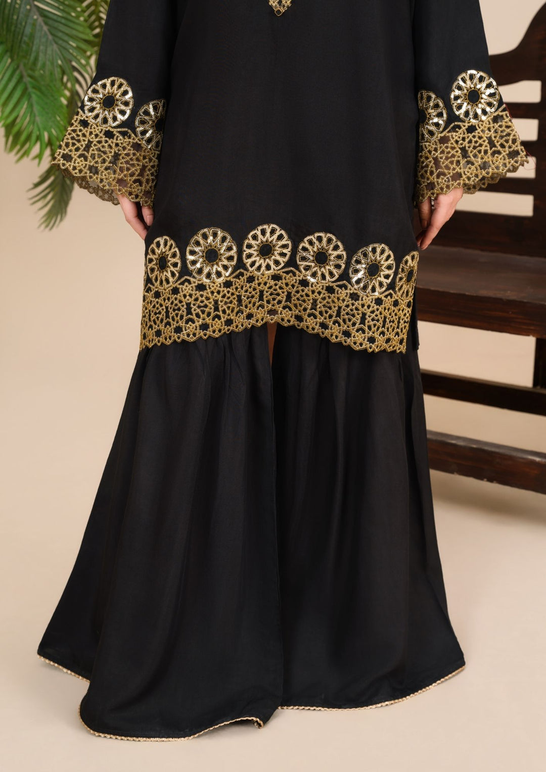 3Pc  Silk Viscose Suit with Organza Dupatta & Gharara Black JASHAN-J26-0019
