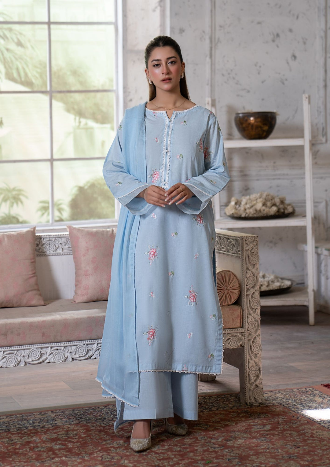 3Pc Multi Embroidered Lawn with Chiffon Dupatta Sky Blue RIW-R26-0039