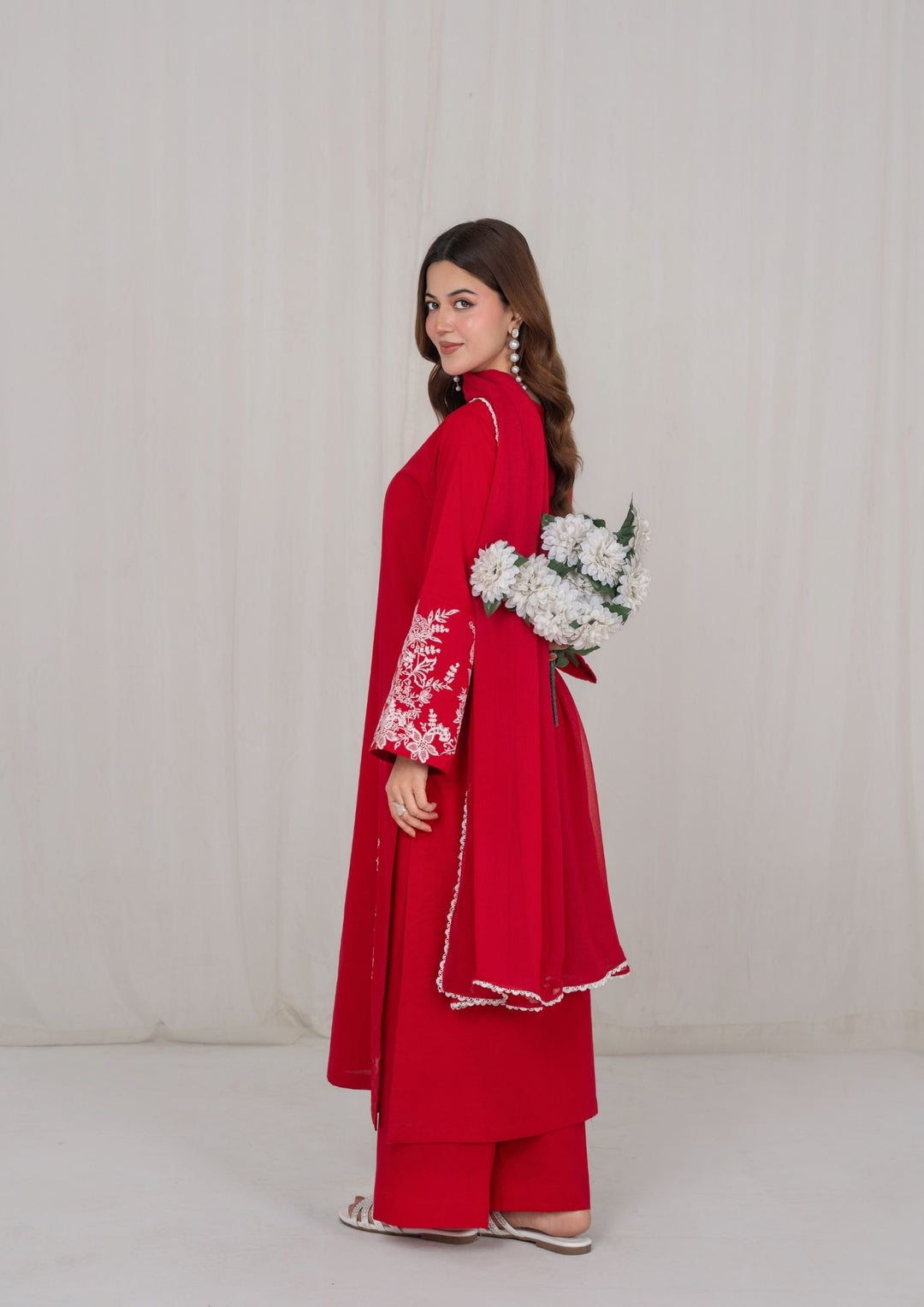 3Pc Red Embroidered Lawn with Chiffon Dupatta RIW-R26-0007