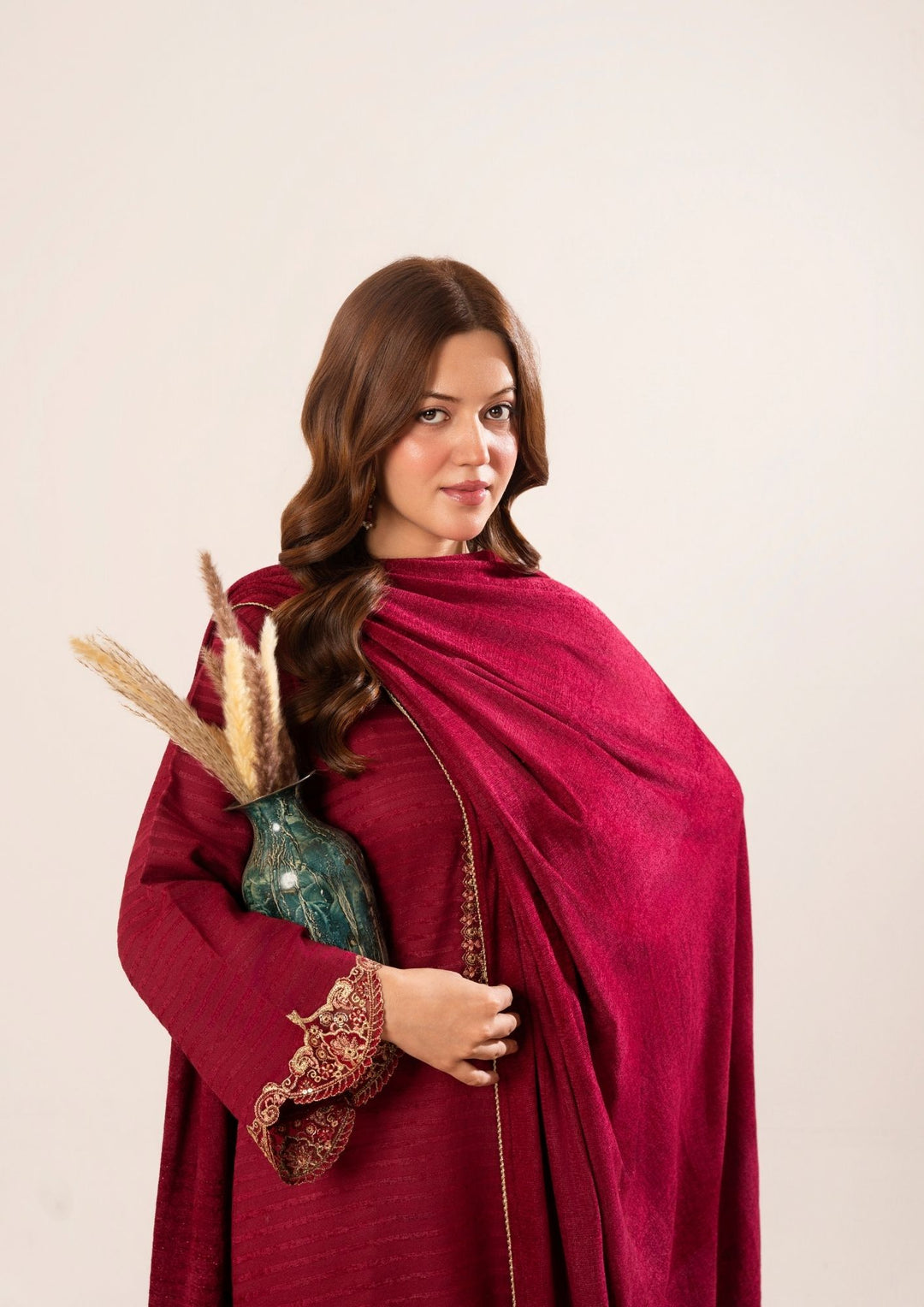 3Pc Alpine Velvet Tilla Embroidered with Velvet Shawl Maroon AFP-A25-0003