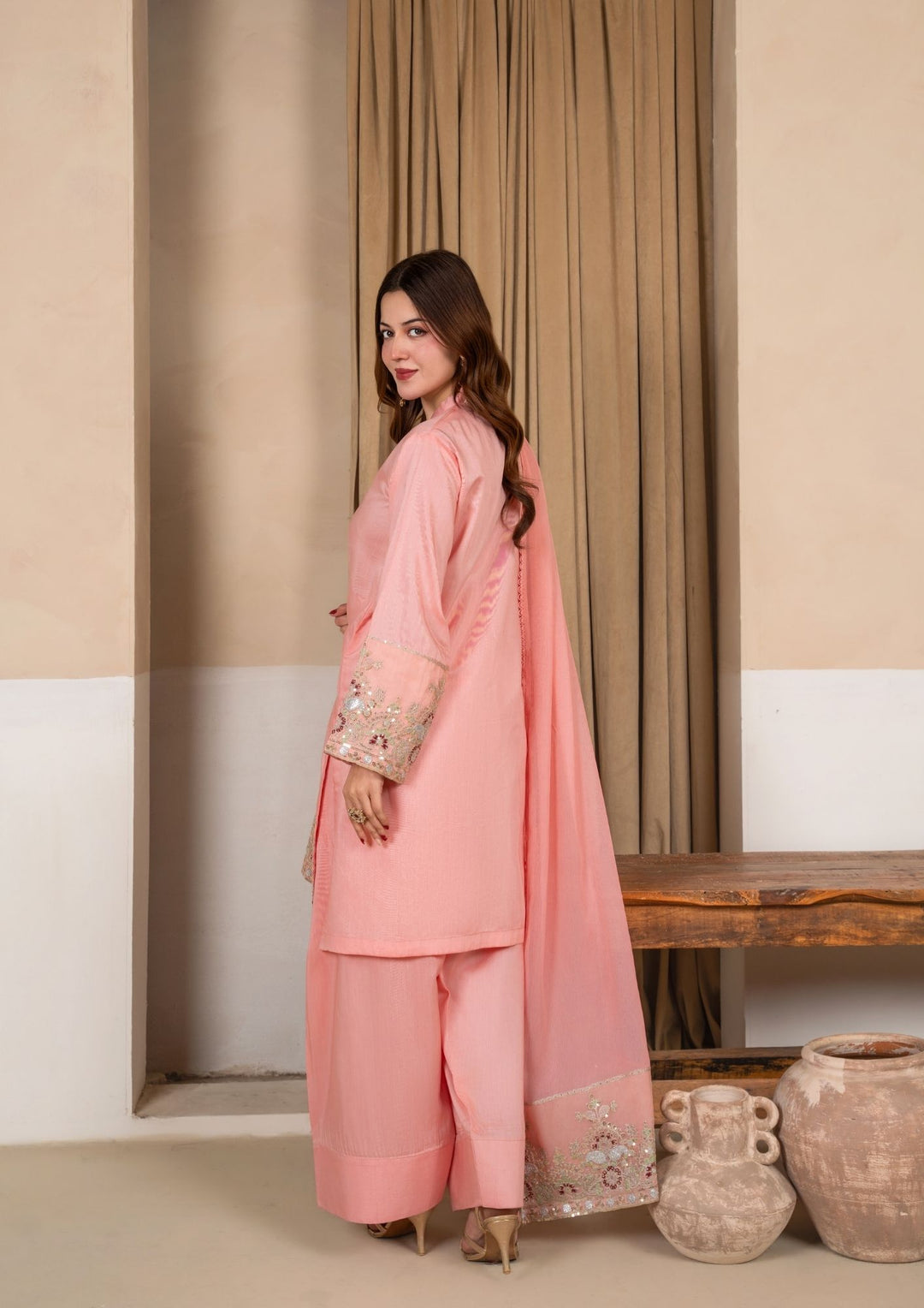 3Pc Embroidered Silk Viscose with Farshi Shalwar Peach JASHAN-J26-0007