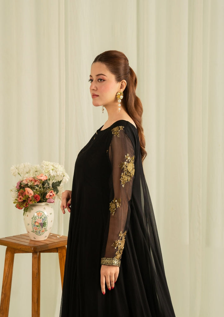 2Pc Embroidered Chiffon Frock with Net Dupatta Black | LUXE-L25-0005