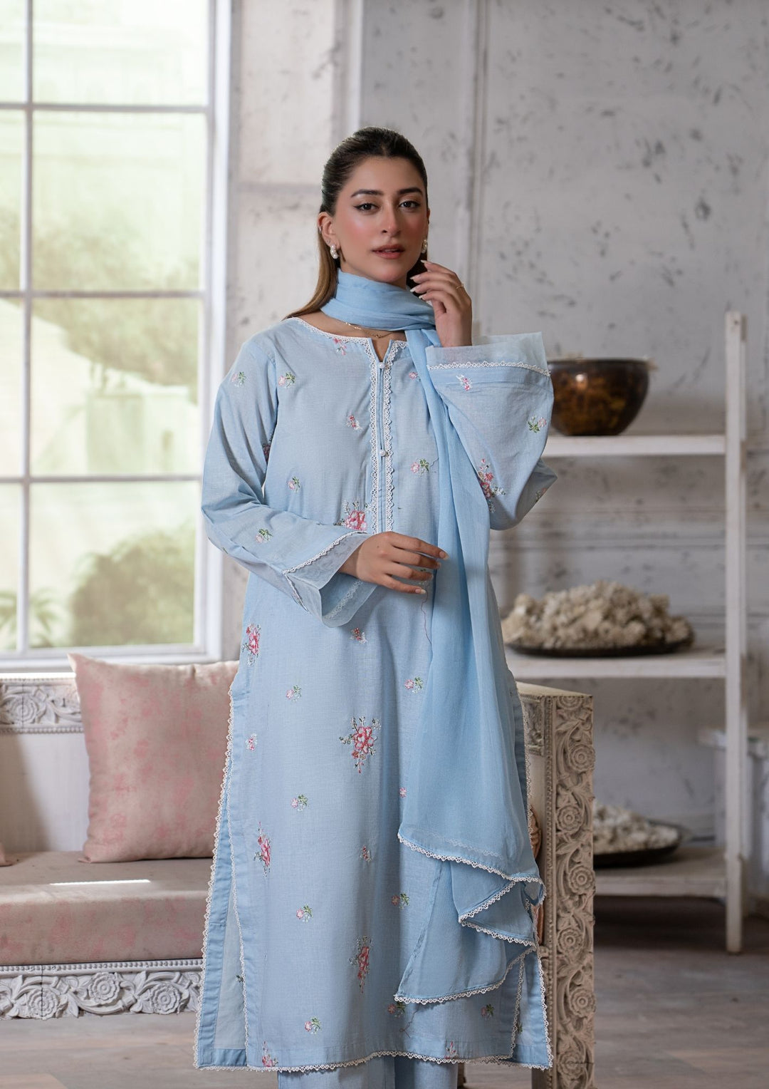 3Pc Multi Embroidered Lawn with Chiffon Dupatta Sky Blue RIW-R26-0039